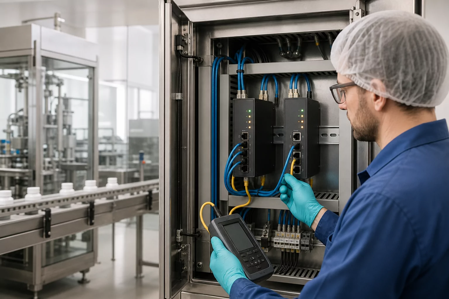 A technician tests redundant industrial gateways beside a pharmaceutical production line.